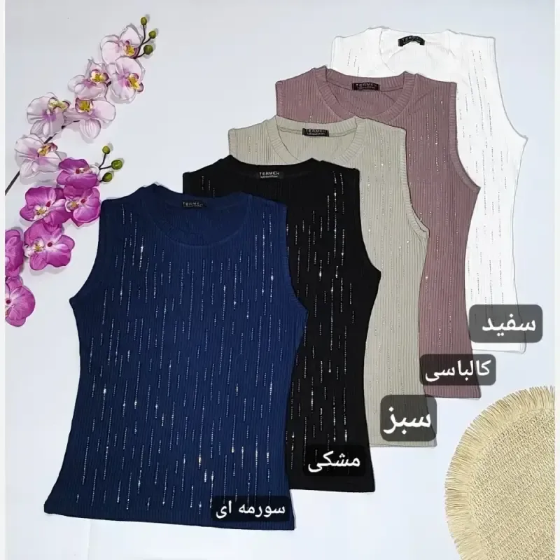 تاپ کراپ کبریتی نگین دار یقه گرد تک سایز - تصویر 13