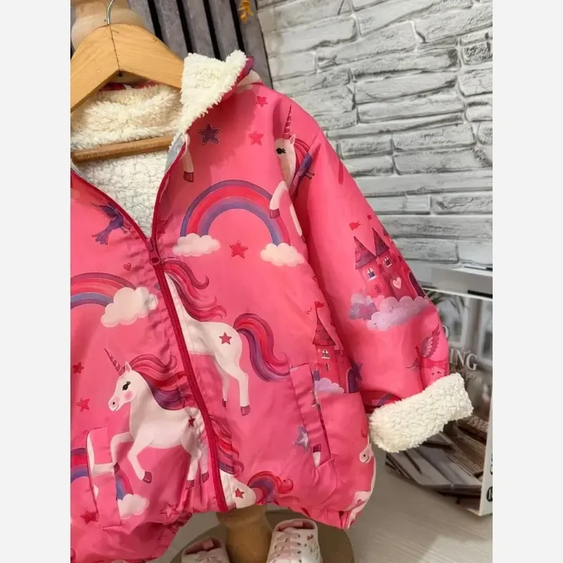 کاپشن دخترانه مموری ضد آب طرح تک شاخ سرخابی سایز 40 تا 50 - تصویر 2