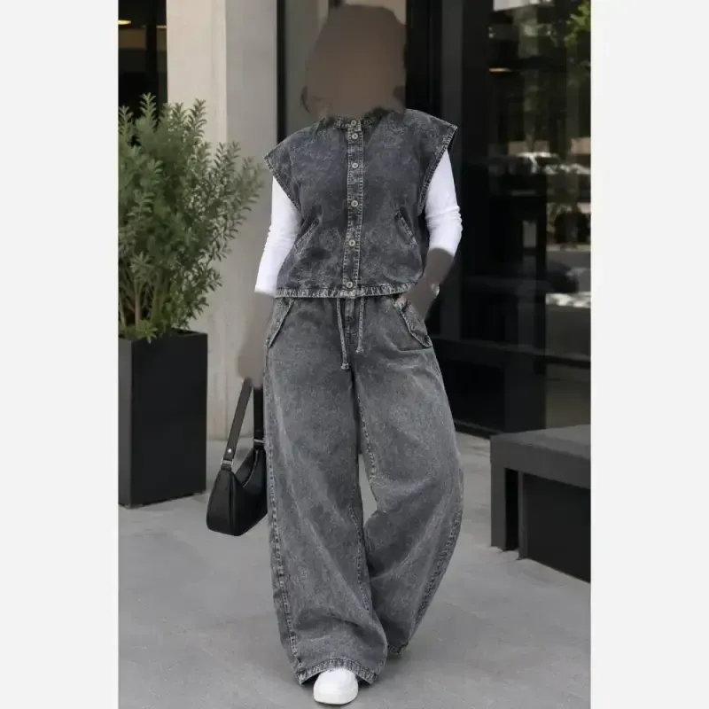 ست وست و شلوار جین زنانه مدل دلین سنگشور شده فول بگ گت دار - تصویر 5