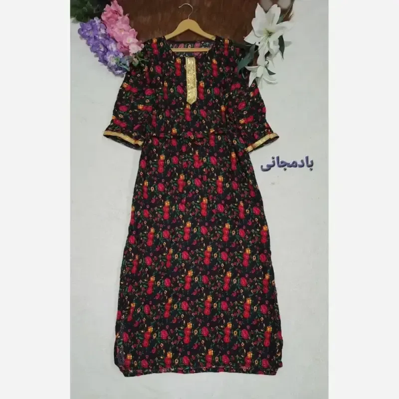 پیراهن ساحلی نخی یقه طلا کوب زنانه و دخترانه فری سایز - تصویر 3
