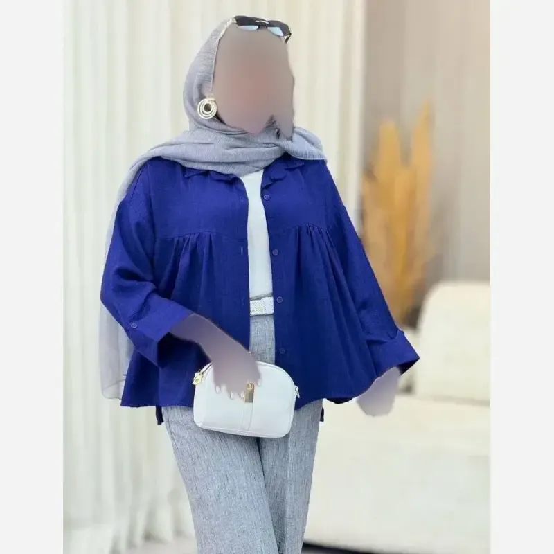شومیز عروسکی مانتویی مدل دلا جنس پارچه شانتون فری سایز - تصویر 14