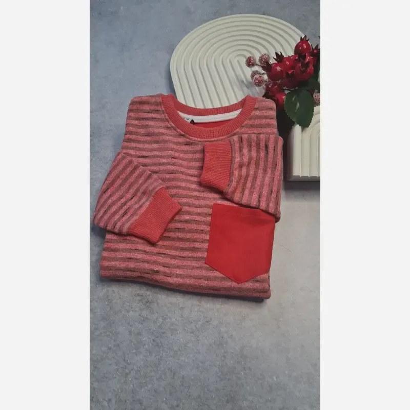 بلوز پاییزه بچگانه اسپرت راه راه تک جیب سایز 50 تا 60 پنبه ای مخملی سوپر سافت - تصویر 3