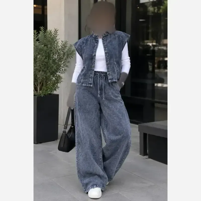 ست وست و شلوار جین زنانه مدل دلین سنگشور شده فول بگ گت دار - تصویر 9