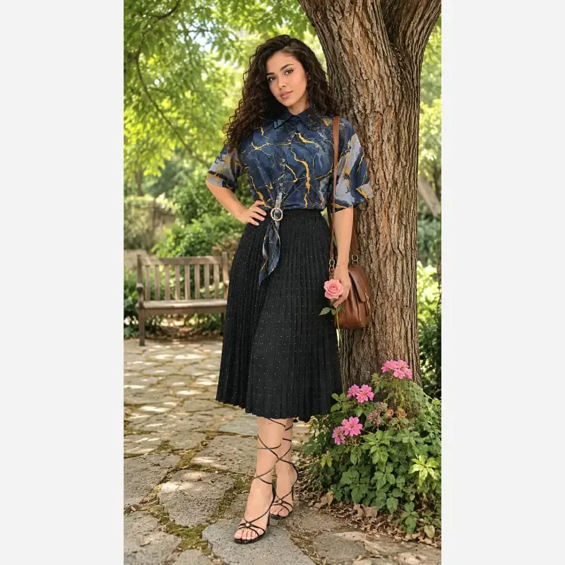 شومیز گره ای نخی طرح مرمر سرمه ای فری سایز - تصویر 2