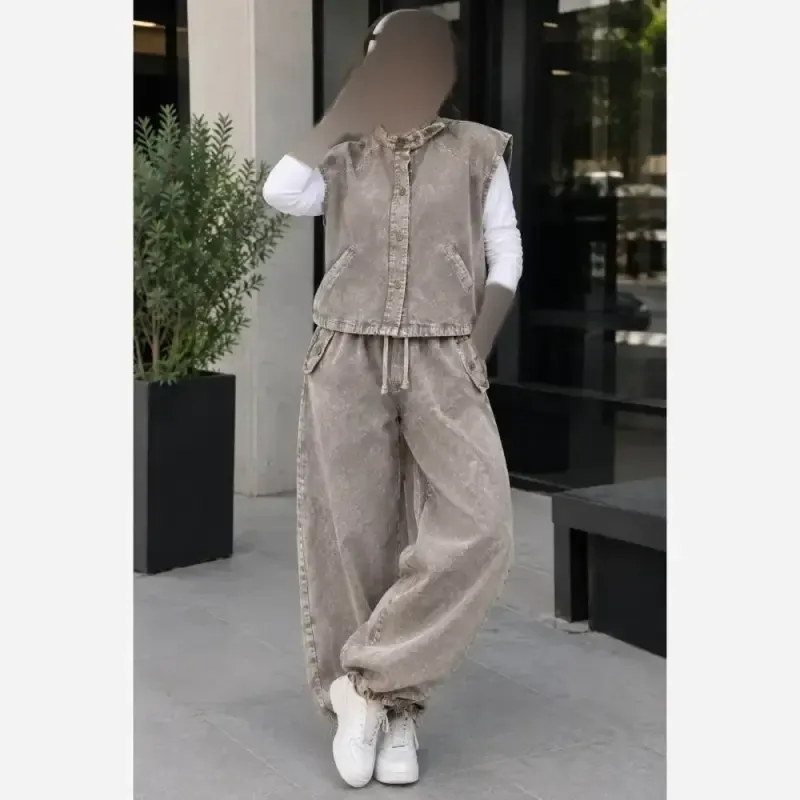 ست وست و شلوار جین زنانه مدل دلین سنگشور شده فول بگ گت دار - تصویر 7