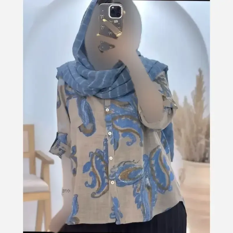شومیز مانتویی ایتالیایی جنس کراس حصیری اعلا رنگ آبی و قهوه ای فری سایز - تصویر 6