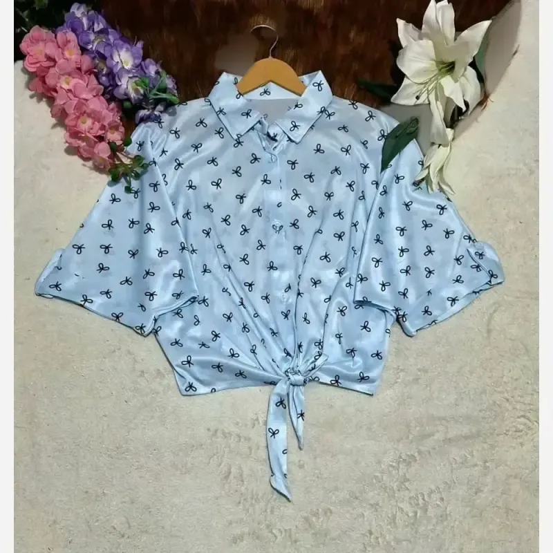 شومیز گره ای چاپی پاپیونی جنس پری صابونی شیشه ای فری سایز - تصویر 9