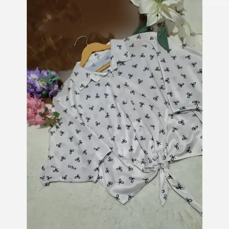 شومیز گره ای چاپی پاپیونی جنس پری صابونی شیشه ای فری سایز - تصویر 15