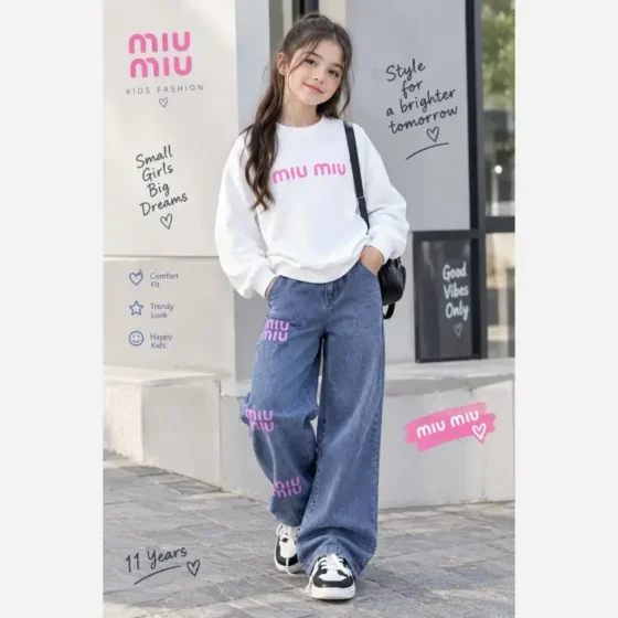 ست بلوز و شلوار لی دخترانه بچگانه طرح Miu Miu دورس لاکرا پاییزه سایز 45 تا 70