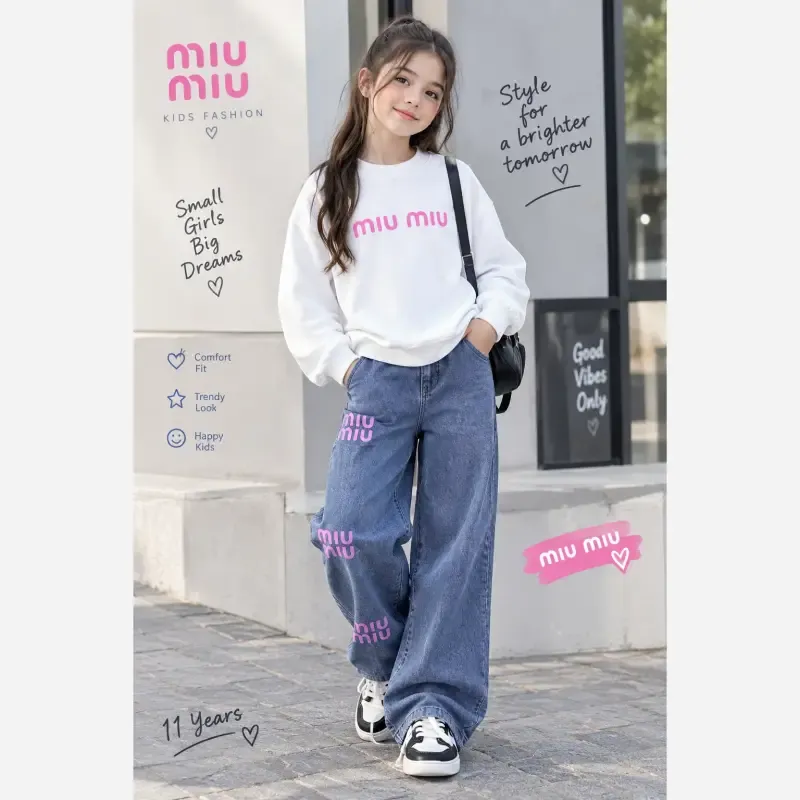 ست بلوز و شلوار لی دخترانه بچگانه طرح Miu Miu دورس لاکرا پاییزه سایز 45 تا 70