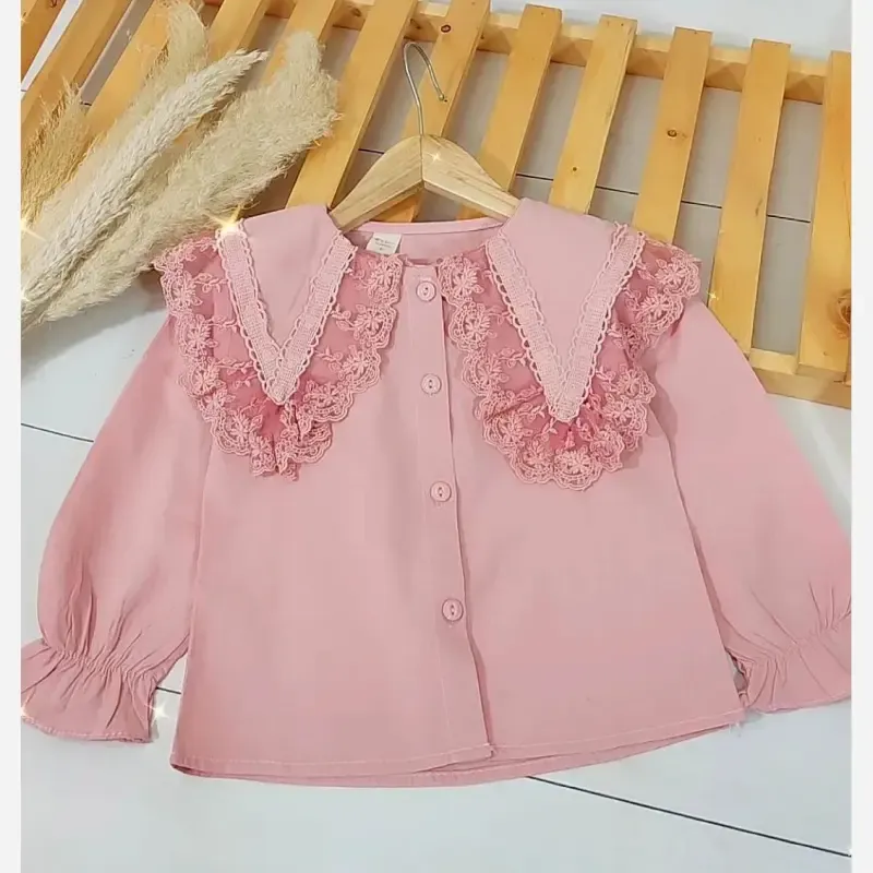 شومیز مجلسی دخترانه کتان نخ یقه گیپور وارداتی سایز 3 تا 8 سال - تصویر 5