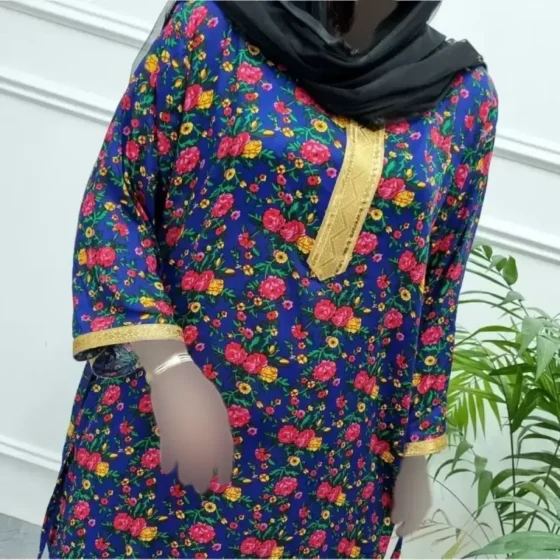 پیراهن ساحلی نخی یقه طلا کوب زنانه و دخترانه فری سایز