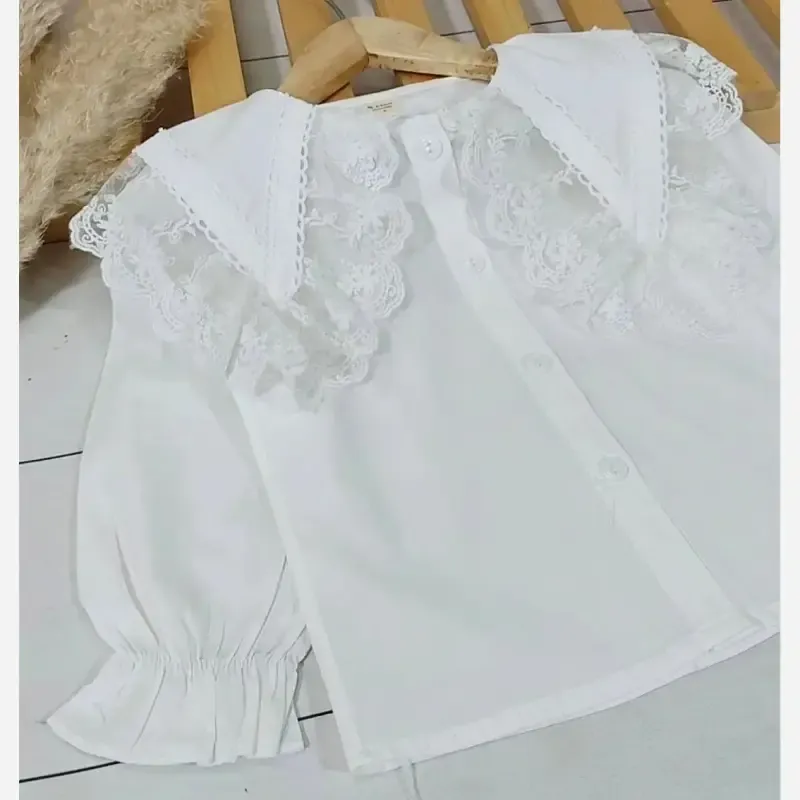 شومیز مجلسی دخترانه کتان نخ یقه گیپور وارداتی سایز 3 تا 8 سال - تصویر 2