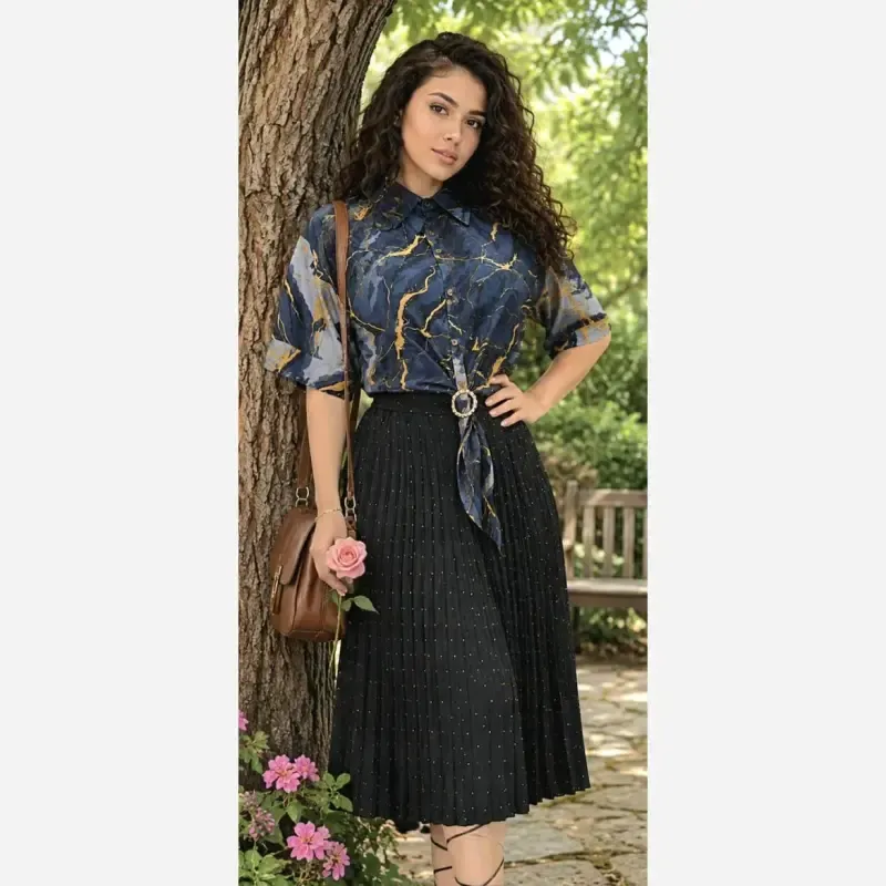 شومیز گره ای نخی طرح مرمر سرمه ای فری سایز - تصویر 7