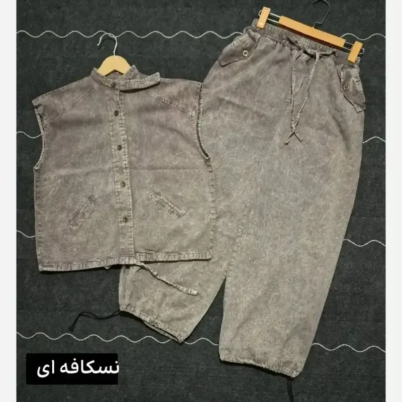 ست وست و شلوار جین زنانه مدل دلین سنگشور شده فول بگ گت دار - تصویر 2