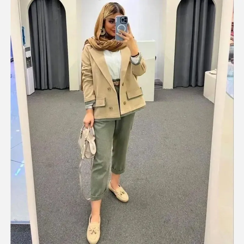 ست کت و شلوار لنین تابستانه مدل سوری رنگ نسکافهای و سبز سایزبندی - تصویر 2
