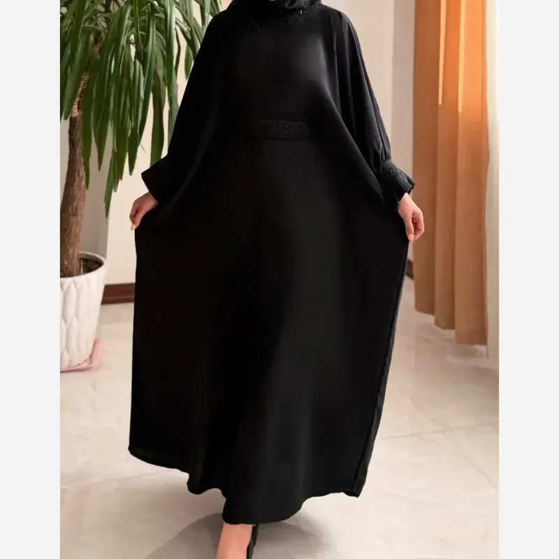 عبای زنانه راحیل الیزه مشکی بلند ملیله دوزی شده آستین پلیسه فری سایز - تصویر 2
