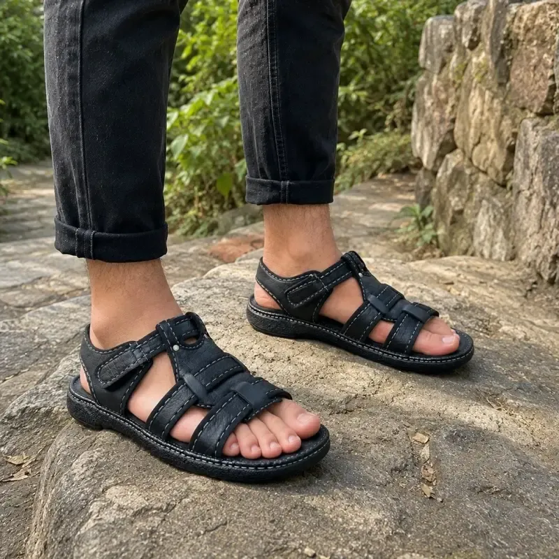 صندل چرم مردانه مدل سالار رنگ مشکی و قهوه ای روزمره - تصویر 2