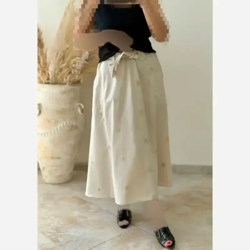 دامن لینن گلدوزی فری سایز مدل آیشن کمر کش جیبدار کرم - تصویر 6