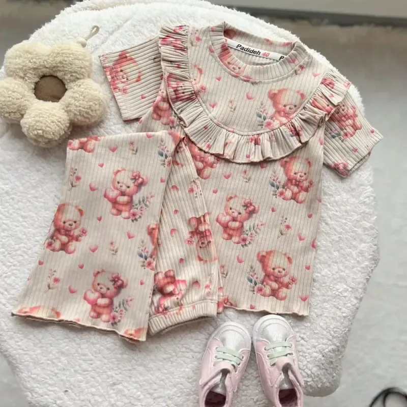 بلوز و شلوار راحتی دخترانه طرح تدی جنس ریلی خنک و تابستانه - تصویر 2