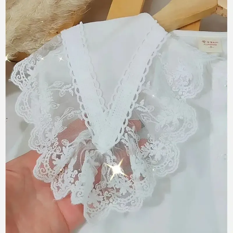 شومیز مجلسی دخترانه کتان نخ یقه گیپور وارداتی سایز 3 تا 8 سال - تصویر 7
