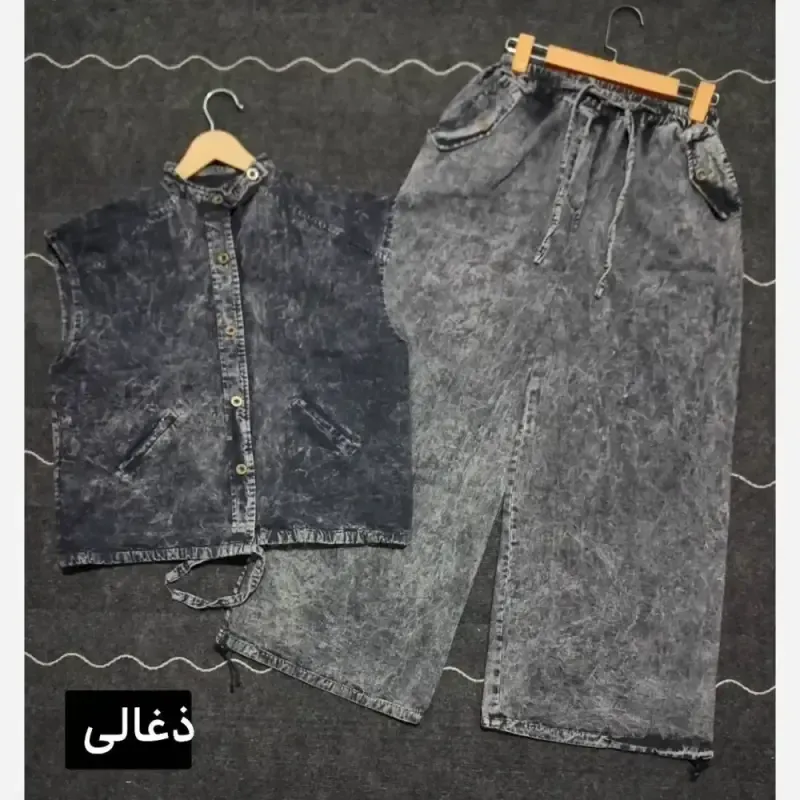 ست وست و شلوار جین زنانه مدل دلین سنگشور شده فول بگ گت دار - تصویر 4