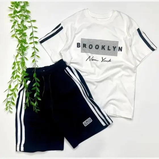 ست تیشرت شلوارک اسپرت دخترانه و پسرانه طرح brooklyn پنبه دورس ترک