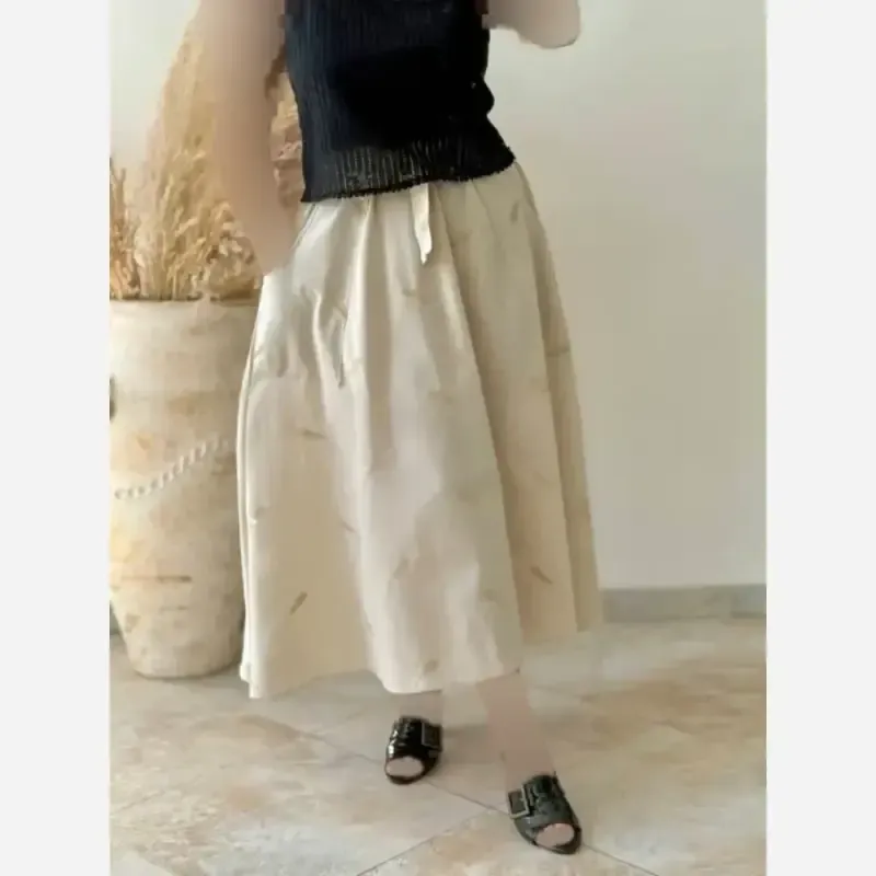 دامن لینن گلدوزی فری سایز مدل آیشن کمر کش جیبدار کرم - تصویر 5